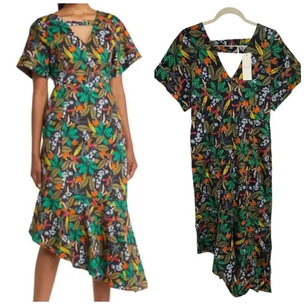 Du Paradis NWT Floral Asymmetric Hem Dress Tropical Date Night Romantic Cutout S